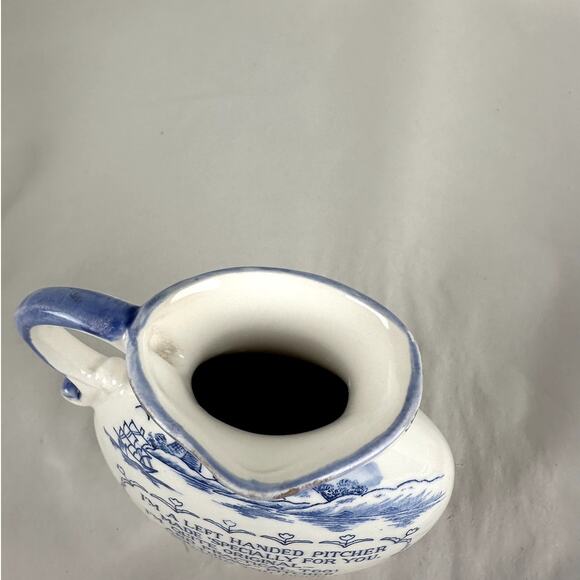 Pitcher Dutch Ceramic Left Handed Poem Blue Trim Lettering 5 Ins. Tall - Picture 7 of 7